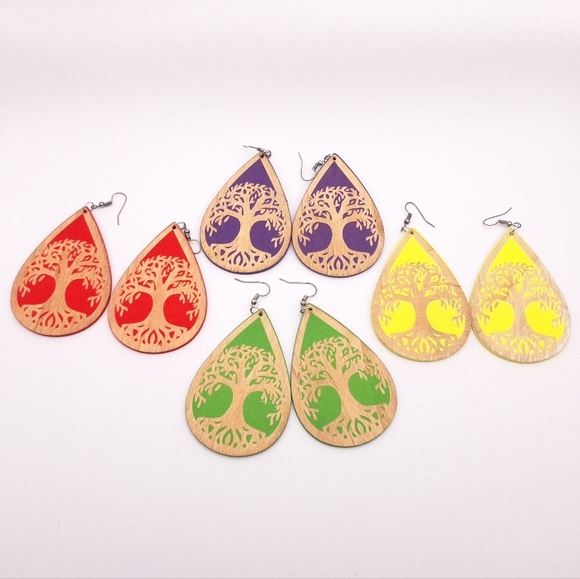 NWOT 1 PAIR Boho teardrop wooden dangle earrings w/tree of life, Red is sold - Picture 2 of 2